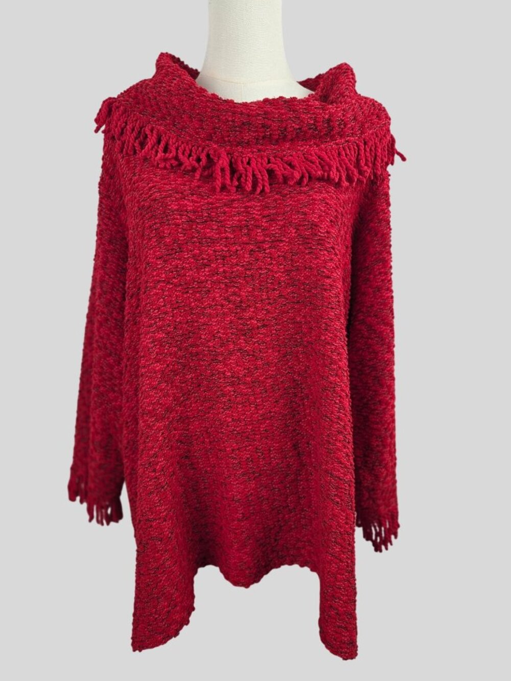 Ali Miles Red Cowl Neck Fringe‎ Tunic Sweater Sz 3X Boho Lagenlook Textured Knit